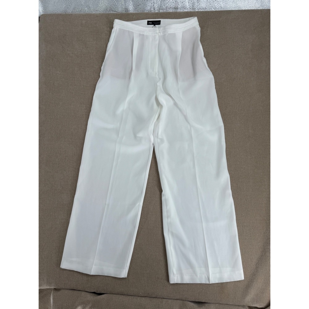 Zara Womens White Wide Leg Pleated Trousers High Rise Dress Pants Size L